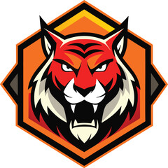Fierce tiger head emblem with orange and black geometric design