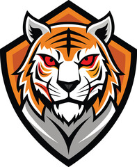Fierce tiger head emblem with red eyes on orange shield