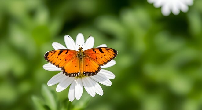 An orange butterfly rests on a white daisy with a green blurred background