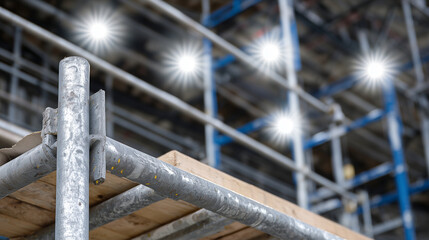 Steel scaffolding planks indoors, bright overhead construction lights highlighting metallic texture