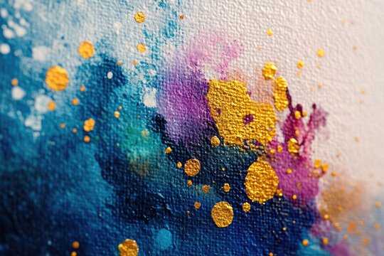 Vibrant abstract painting with dynamic washes of blue, teal, purple, and shimmering gold metallic splatters on a textured canvas, evoking cosmic beauty.