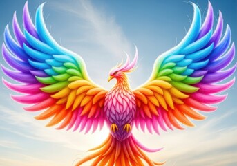 Obraz premium A majestic phoenix with vibrant rainbow wings spread wide against a bright blue sky with clouds
