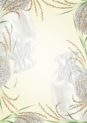 Frame with rice stalks and piles of rice. Hand-drawn watercolor illustration. Design element for menus, recipes, and cookbooks. For banners, flyers, packaging, labels, and more.