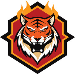 Fierce tiger head with flames emblem logo