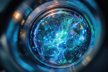 A mesmerizing abstract view of a glowing, intricate network resembling neurons or data pathways within a circular lens, hinting at advanced technology and biological complexity.
