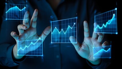 Hands interacting with glowing digital financial charts and graphs