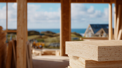 Indoor construction site with plywood sheets stacked, soft diffuse light from cloudy sky through windows