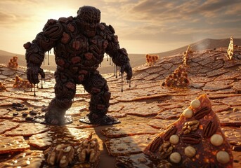 A monstrous creature made of chocolate and nuts walks through a dry, cracked desert landscape with a giant slice of chocolate pie in the foreground