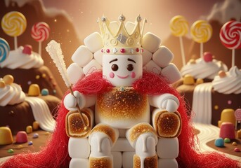 Obraz premium A king made of marshmallows sits on a throne of marshmallows, wearing a crown and a red sparkly robe, in a candy land