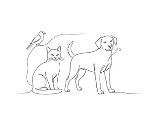 Line drawing of a friendly dog and a curious cat sitting together under a tree branch