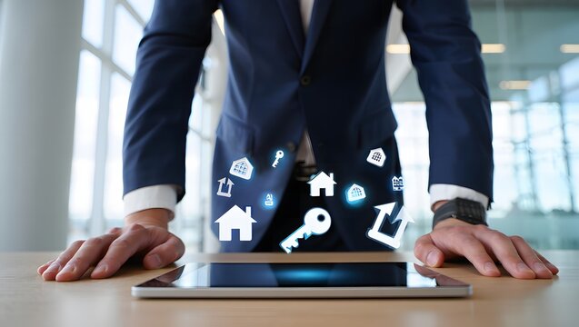 Businessman interacting with digital real estate icons and holographic display on tablet - Powered by Adobe