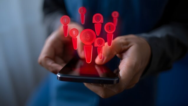 Person holding smartphone with glowing red social media icons above screen