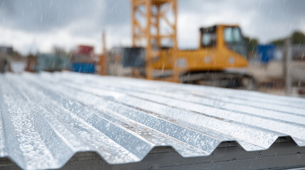 Wet metal roofing sheets on rainy day construction site, reflective and slick surfaces