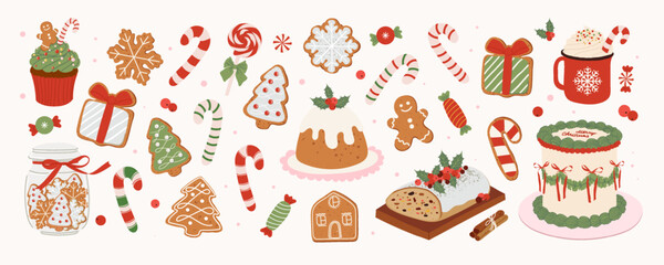 Set of traditional Christmas sweets. Cute hand drawn gingerbread cookies, candy cane, cake, cupcake, Stollen. Vector retro clipart collection for greeting card, poster, holiday decor