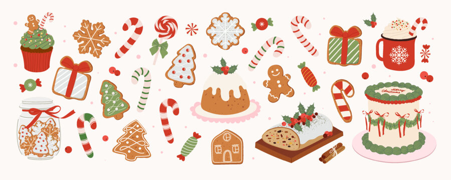 Set of traditional Christmas sweets. Cute hand drawn gingerbread cookies, candy cane, cake, cupcake, Stollen. Vector retro clipart collection for greeting card, poster, holiday decor