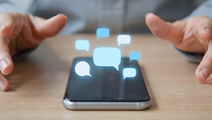 Hands hovering over smartphone displaying social media chat bubbles