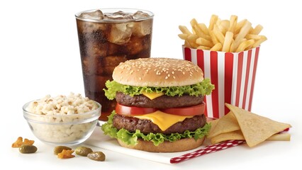 Delicious double cheeseburger with soda fries and popcorn ready to eat