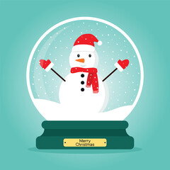 Glass snow globe with a snowman inside. Crystal ball gift for winter holidays, Christmas, and New Year. Flat cartoon vector illustration