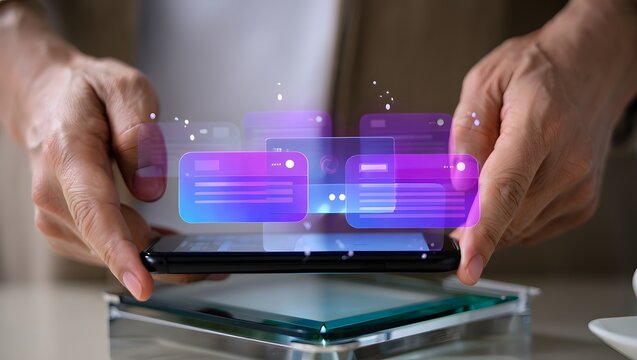 Hands holding smartphone displaying futuristic holographic interface with glowing particles