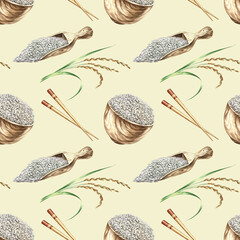 Seamless pattern of rice stalks, Chinese chopsticks, wooden rice bowls, and wooden scoops. Hand-drawn watercolor illustration. Design element for labels, menus, recipes, and cookbooks, packaging.