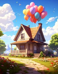 A small house floats on colorful balloons in a sunny, idyllic landscape