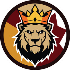 Majestic lion wearing a crown emblem with starburst background