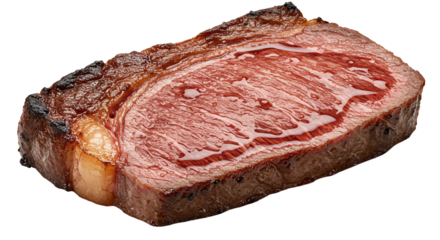 Juicy grilled steak with golden sear and natural juices, isolated on transparent background, perfect for menus, ads, and food design.