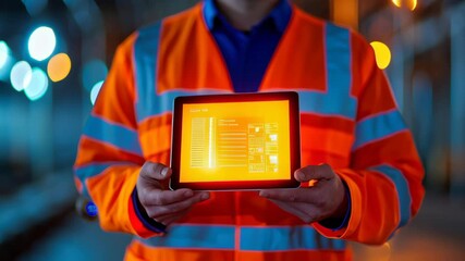 Construction worker safety jacket with high visibility using tablet and digital screen industrial night warehouse for technology driven inspection - Powered by Adobe