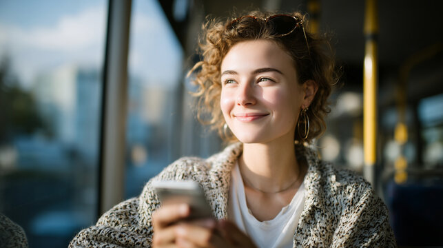 Young woman smiling while holding smartphone on city bus, sunlight streaming through windows, blurred urban landscape outside