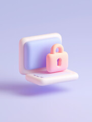3D pastel security icon with computer and padlock. Cyber protection and online privacy concept in soft minimal style