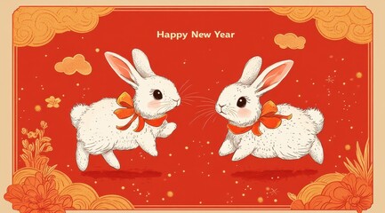 Illustration of festive rabbits celebrating Chinese New Year with vibrant red background