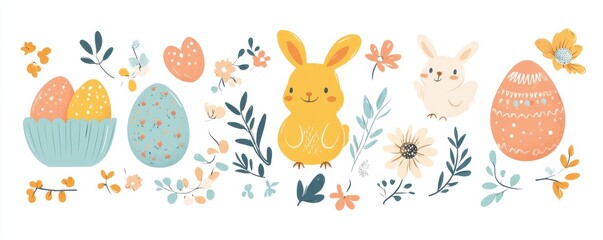 Fototapeta premium Decorative Easter Illustration Featuring Colorful Eggs, Rabbits, and Floral Elements