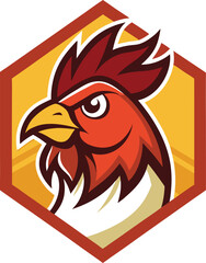 Stylized rooster head emblem with fiery red comb and feathers