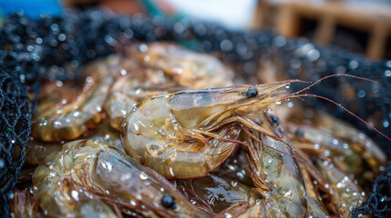 Close-up of freshly caught prawns in wet net, natural light highlighting glistening shells and water droplets, seafood market concept