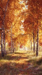Fototapeta premium Wandering through a golden birch wonderland: a tranquil autumn journey. Rich texture. Red-tinged leaves on a birch lane: autumn's warm yet frosty pathway. Majestic beauty. Upscale style.