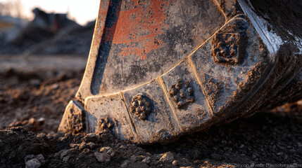 The finely detailed teeth of the excavator bucket are visible revealing wear and tear from constant use in abrasive conditions surrounded by clumps of soil.