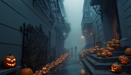 Vicolo urbano nebbioso e inquietante decorato con un sentiero di Jack-o'-lantern e zucche per Halloween.