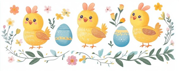 Naklejka premium Cute yellow chicks and Easter eggs in a floral decorative design