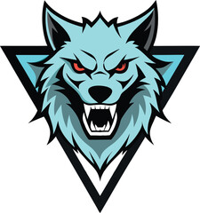 Aggressive blue wolf head emblem with geometric triangle background