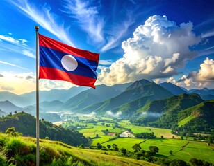 Lao flag waving over a scenic valley. Lush green rice paddies stretch out beneath a mountainous landscape, with a clear blue sky dotted with clouds