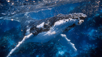Fototapeta premium Close-up of frontal view of humpback whale underwater, mouth slightly open, plankton particles illuminated by filtered sunlight