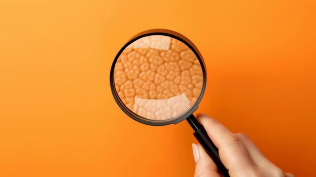 Magnifying glass orange background with hand close up macro search inspection of texture and dry skin surface, analysis focus curiosity discovery