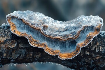 Fototapeta premium A mesmerizing close-up of a frozen bracket fungus on a tree branch, showcasing intricate ice formations and vibrant natural layers in winter's embrace.