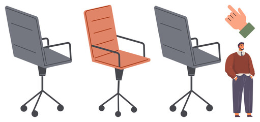 Office chairs in three angled views, emphasized by a hand pointing. A casually dressed man stands nearby. Ideal for workplace, selection process, hiring, ergonomics, furniture, teamwork simple flat