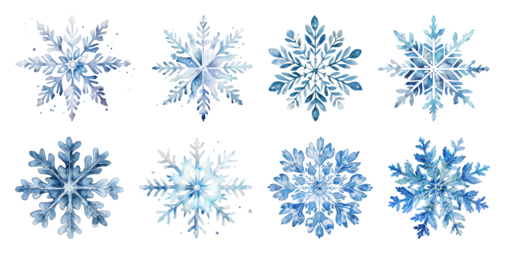 PNG Intricate blue snowflake designs, element set on transparent background