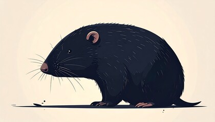 Side view of a plump, black rodent