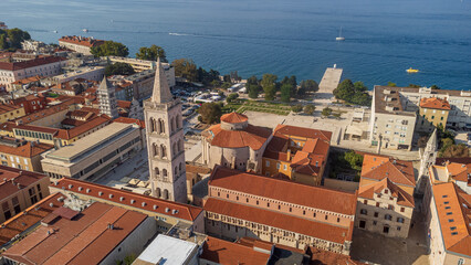 Aerial view of Zadar with the bell tower near the cathedral. An ancient city on the Dalmatian coast, a popular summer travel destination in Croatia