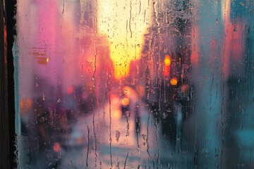 Fototapeta premium Rain-streaked window offers a vibrant, blurry view of a city street at dusk, illuminated by warm and cool lights.