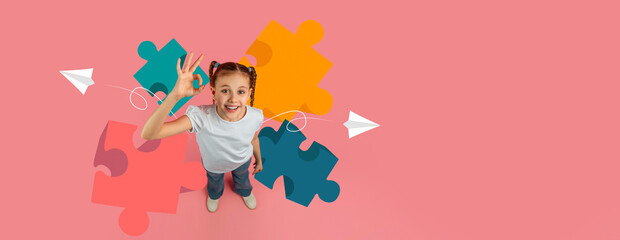 A smiling child is making a collage at school. They are surrounded by colorful puzzle pieces and paper airplanes. The scene shows a vibrant and creative environment, emphasizing fun and learning.
