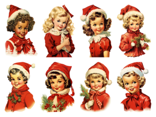 PNG Vintage Christmas children illustrations, element set on transparent background